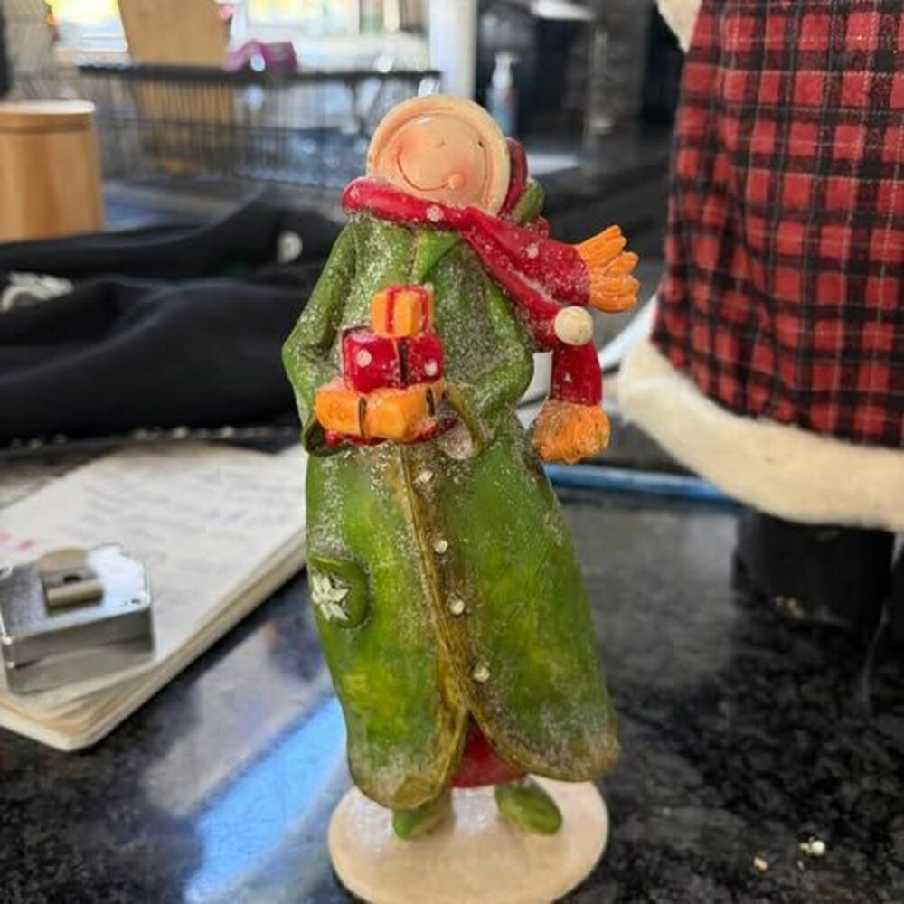 Delton Fine Collectibles Christmas Figurine Girl in Green Coat with Gifts